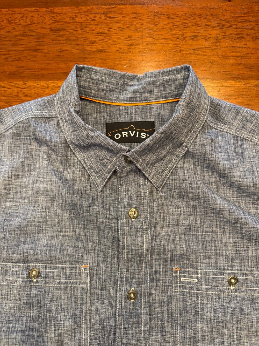 Orvis Mens Blue Textured Shirt Long Sleeve Button Up Dual Pocket XL Estimated